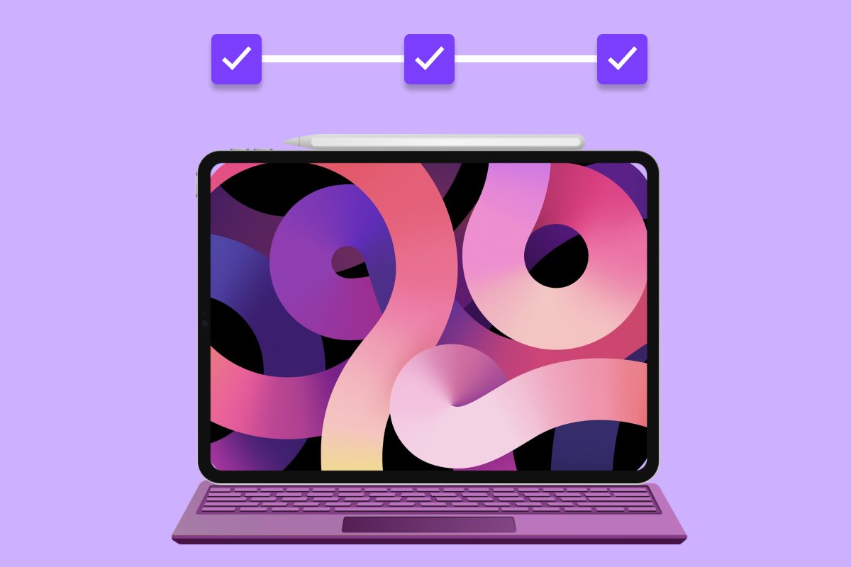 Tableta con teclado bajo tres pasos marcados, sobre fondo lavanda