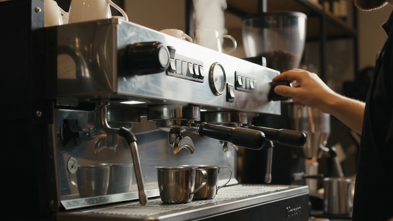 Persona que prepara café en una máquina de espresso