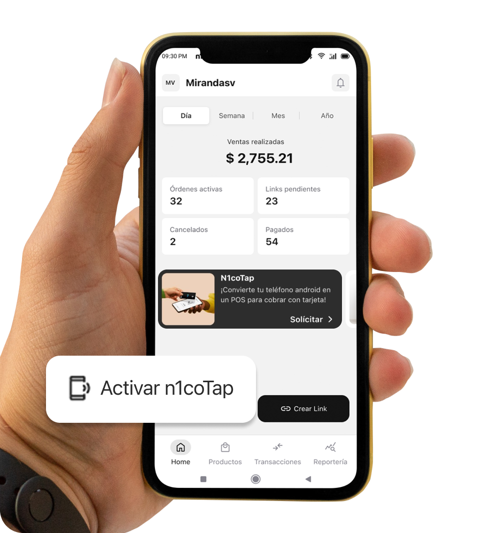 Mano que sostiene un teléfono Android con la app n1co Business abierta y el botón «Activar n1coTap»