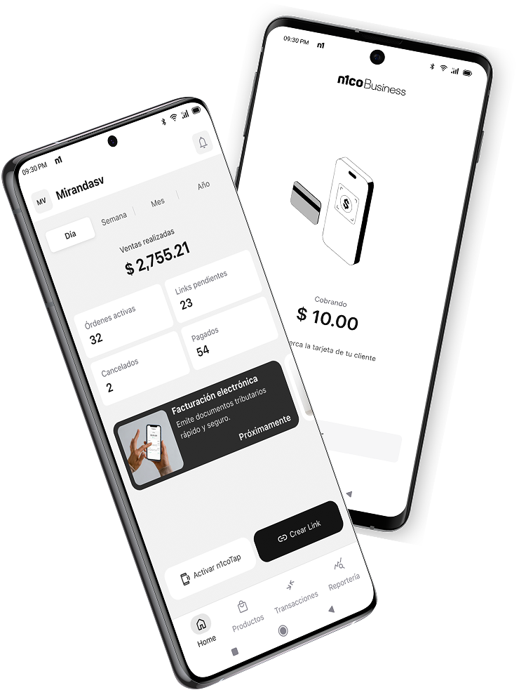 Dos teléfonos con la app n1co Business: el resumen de ventas del día y un cobro de 10 dólares