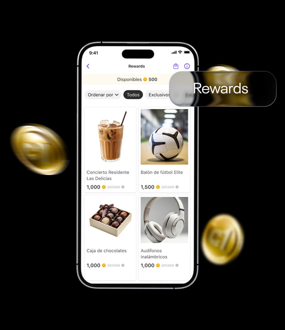 Teléfono con la app n1co abierta en Rewards, entre monedas co1ns doradas