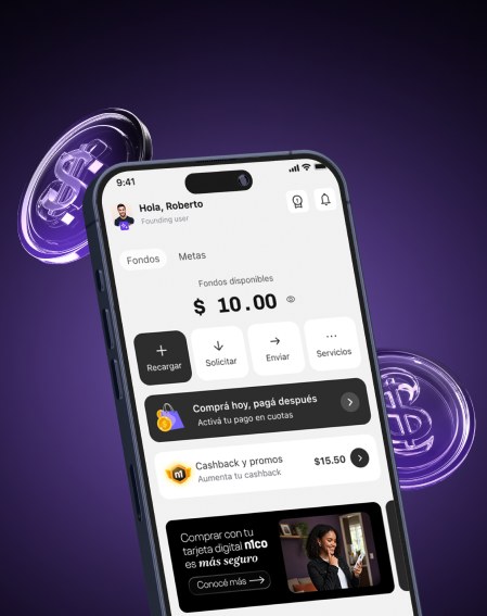 Teléfono con la app n1co abierta en Fondos disponibles, entre monedas de dólar moradas