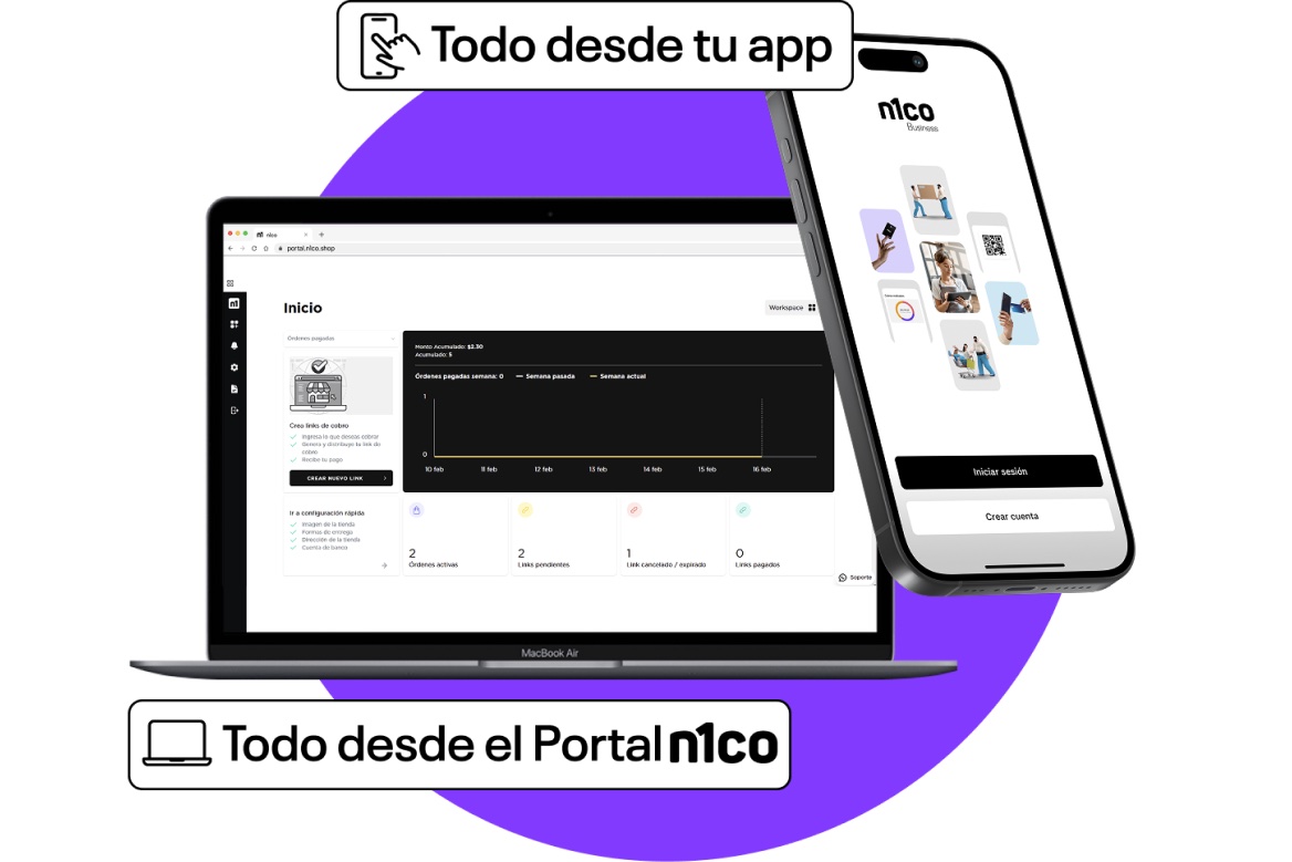 Computadora con el Portal n1co y celular con la app n1coBusiness, con los rótulos «Todo desde tu app» y «Todo desde el Portal n1co»