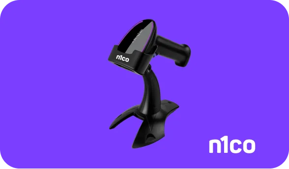 Escáner inalámbrico n1co en su soporte, sobre fondo morado