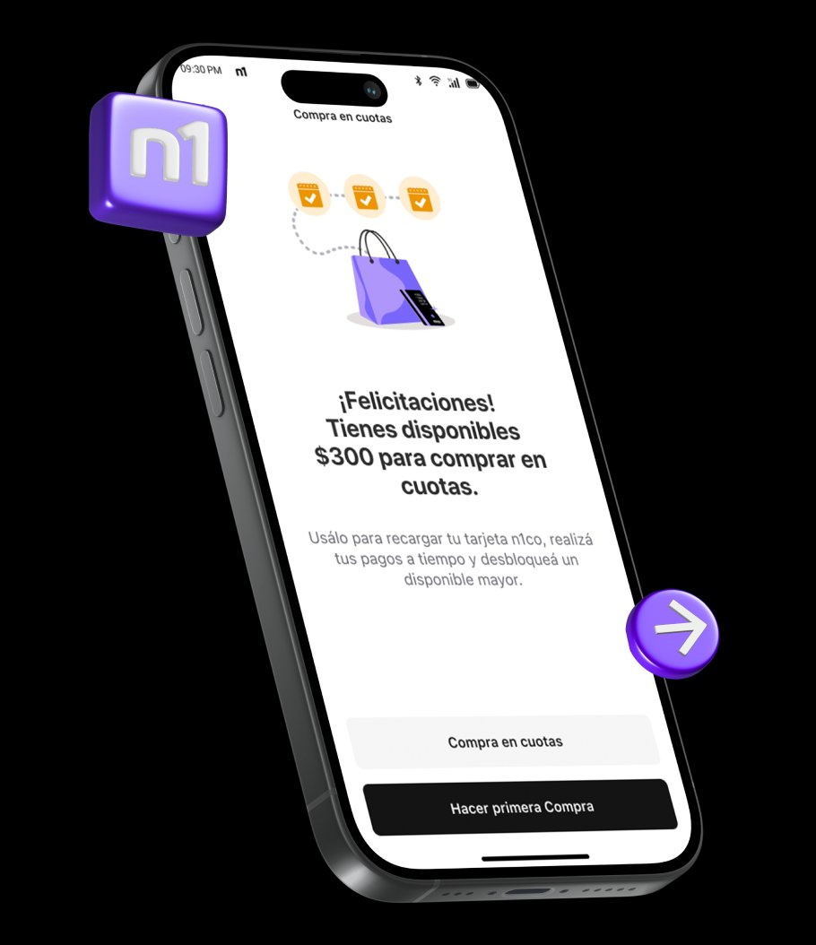 Teléfono con la app n1co que muestra $300 disponibles para comprar en cuotas