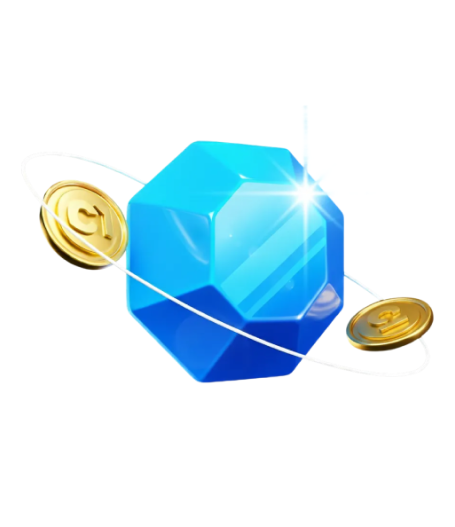 Gema azul con dos monedas co1ns girando a su alrededor