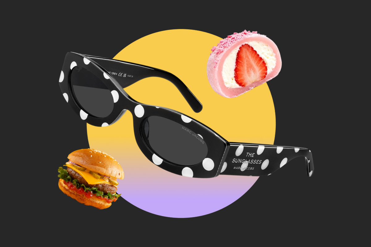 Lentes de sol negros con lunares blancos, una hamburguesa y un postre de fresa sobre un círculo amarillo