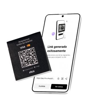 Celular con un link de pago y una tarjeta con un código QR de n1co