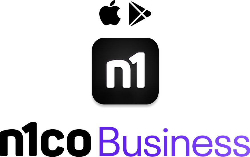 Logo de n1co Business con los íconos de App Store y Google Play