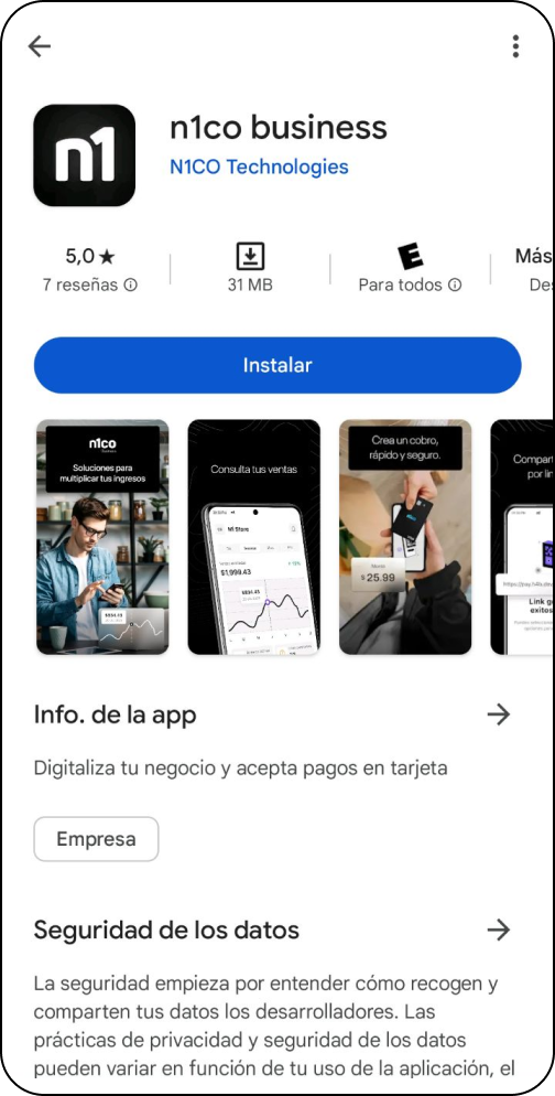 Ficha de la app n1co business en la Play Store, con el botón Instalar
