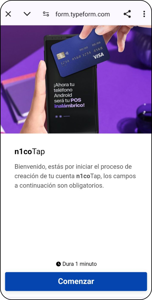 Formulario de n1coTap abierto en el teléfono, con el botón Comenzar