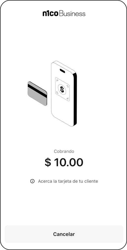 Pantalla de cobro de 10 dólares que pide acercar la tarjeta al teléfono