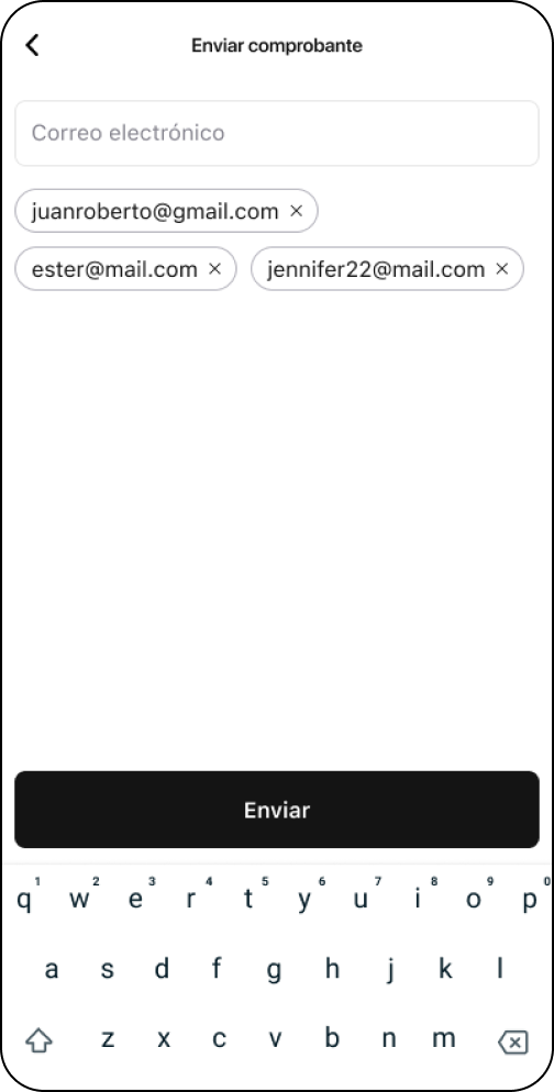 Pantalla Enviar comprobante con dos correos escritos y el botón Enviar