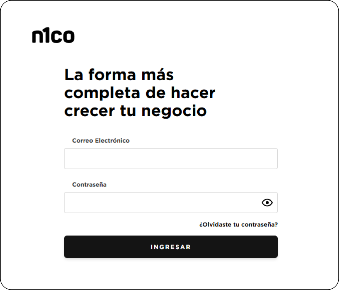 Pantalla de ingreso de n1co con correo electrónico, contraseña y el botón Ingresar