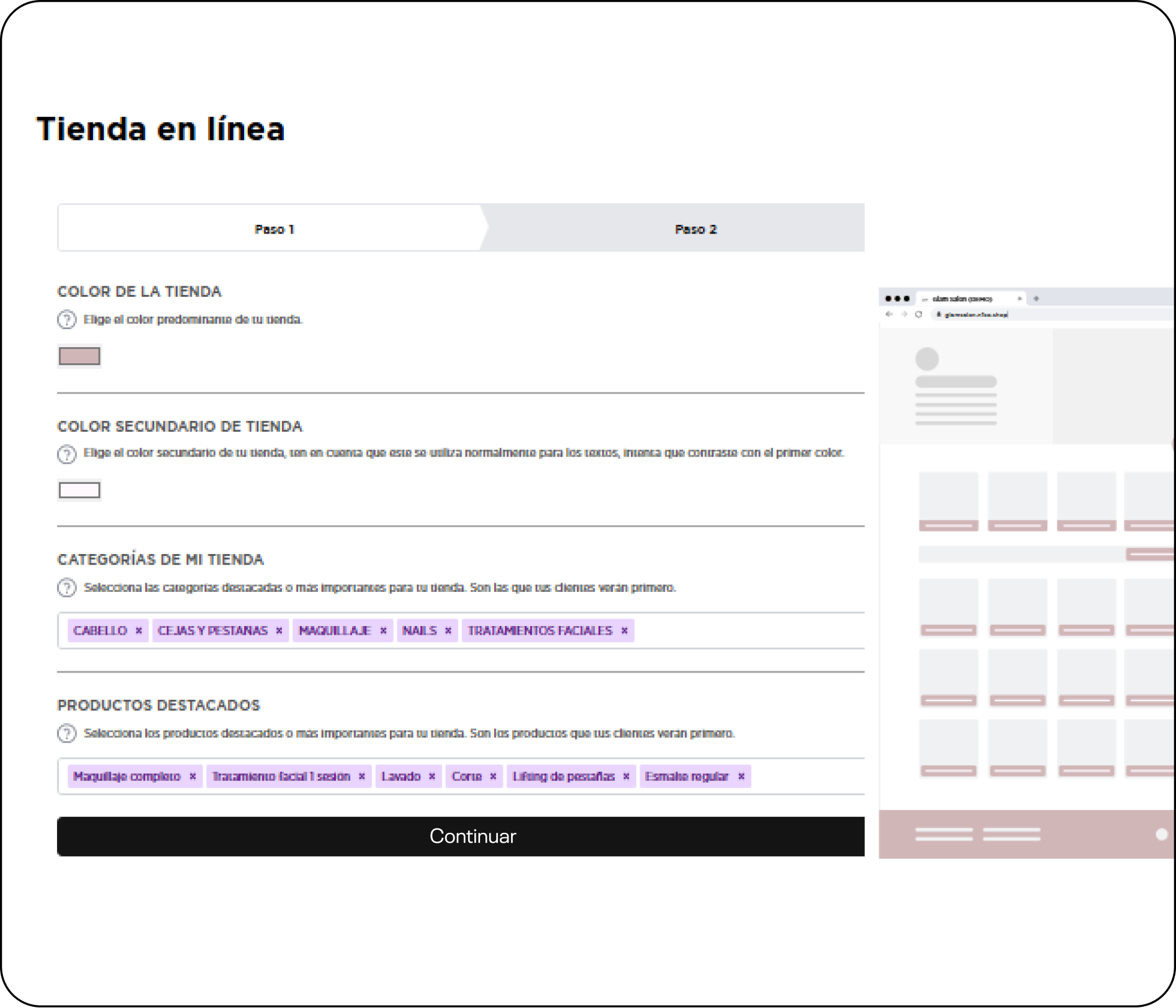 Configuración de la tienda en línea con sus colores, categorías y productos destacados