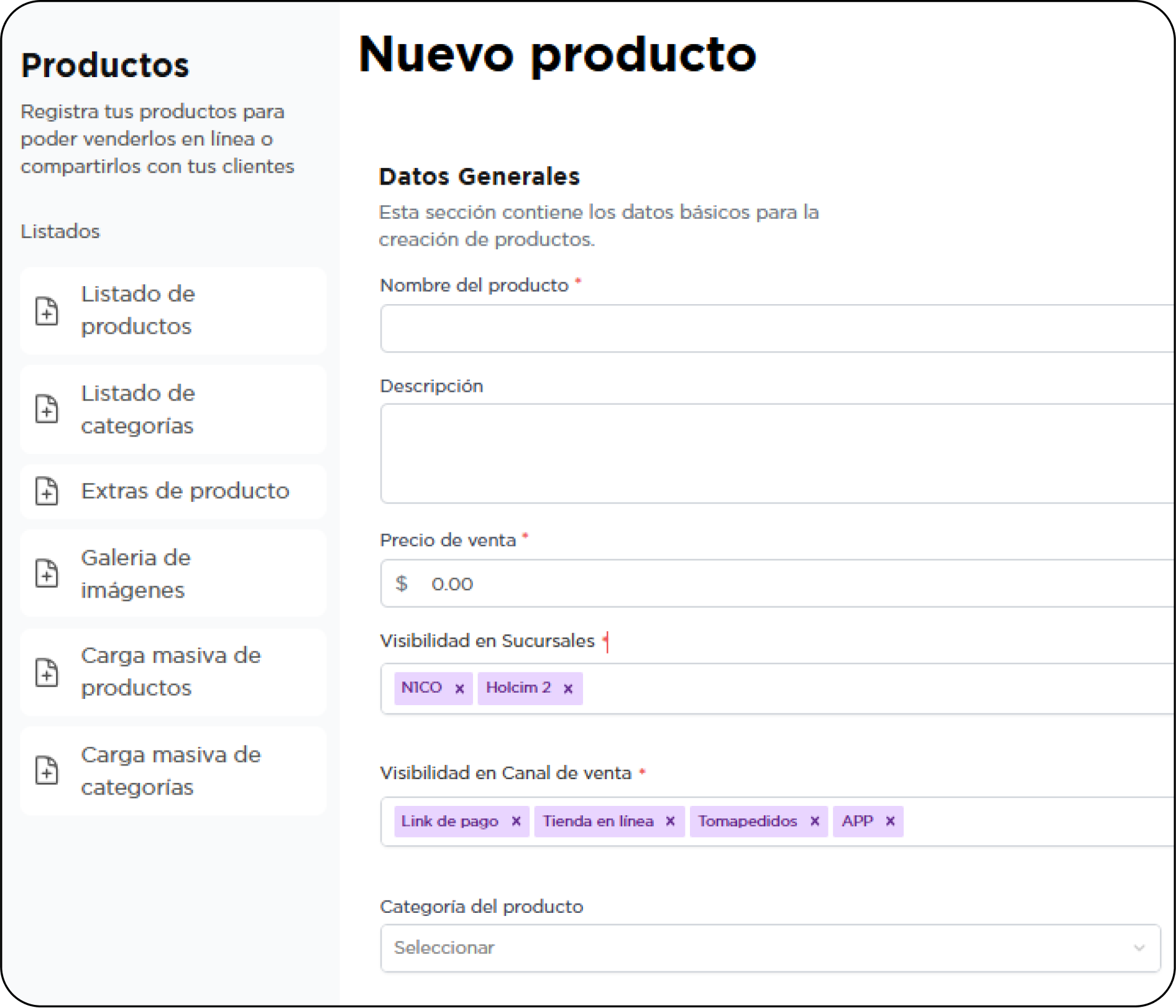 Formulario Nuevo producto con su nombre, descripción, precio y visibilidad