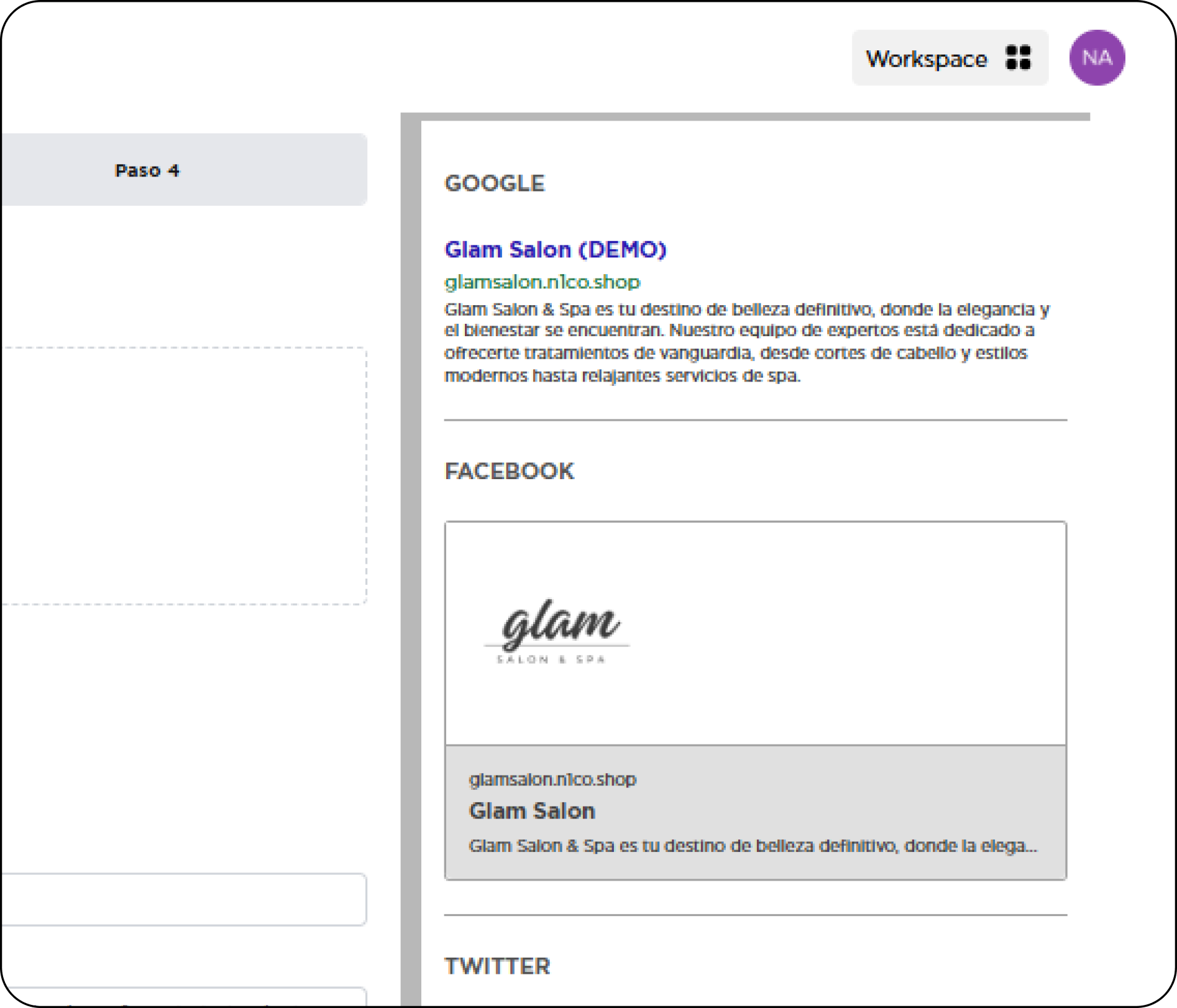 Vista previa de cómo se ve el enlace de una tienda al compartirlo en Google y Facebook