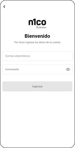 Pantalla Bienvenido de n1co Business con los campos de correo y contraseña y el botón Ingresar