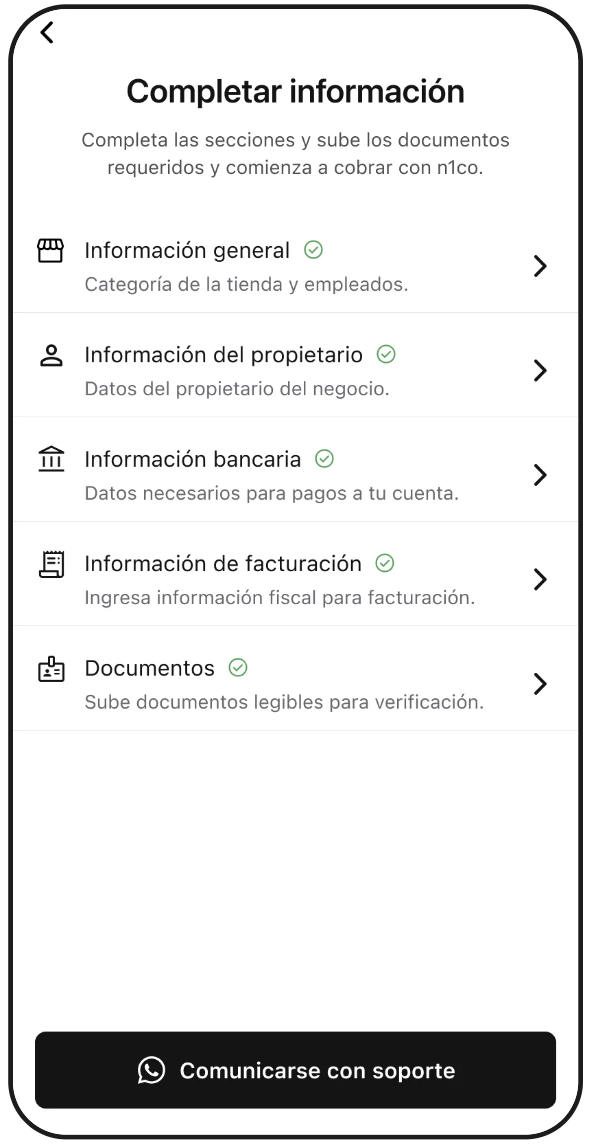 Pantalla Completar información con las secciones de datos y documentos que pide n1co Business