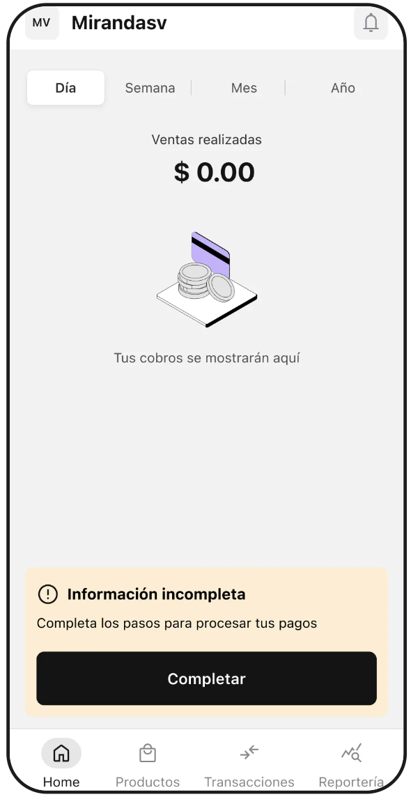Inicio de la app n1co Business con el aviso Información incompleta y el botón Completar