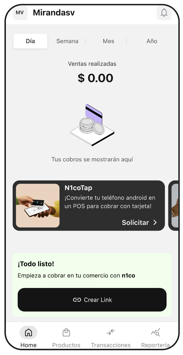 Inicio de la app n1co Business con el aviso Todo listo y el botón Crear Link