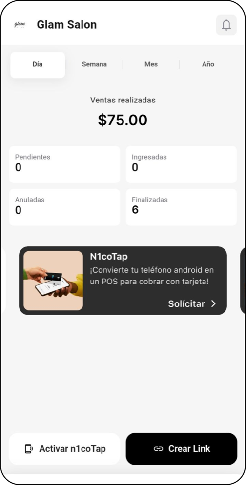 Inicio de la app n1co Business con las ventas del día y el botón Crear Link