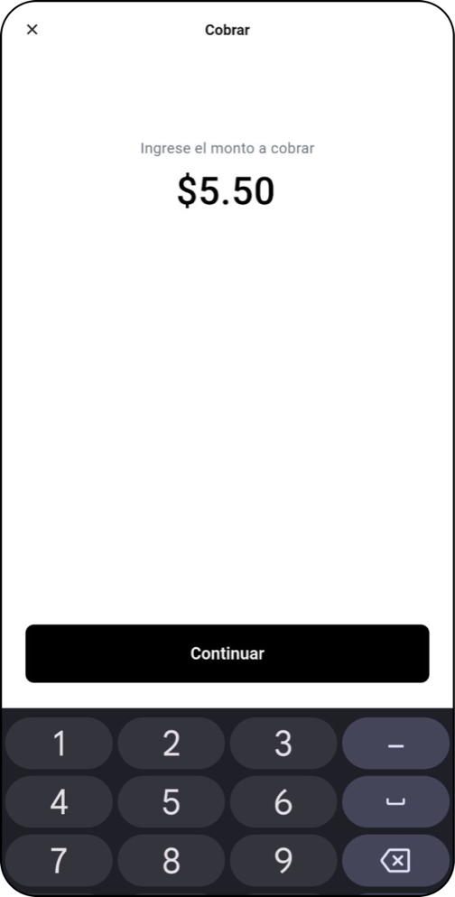 Pantalla Cobrar de la app con un monto de 5.50 dólares y el teclado numérico