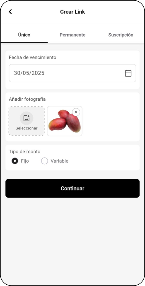 Pantalla Crear Link con fecha de vencimiento, una fotografía del producto y el tipo de monto
