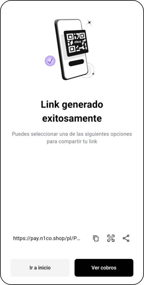 Pantalla «Link generado exitosamente» con el link de pago y los botones para copiarlo y compartirlo