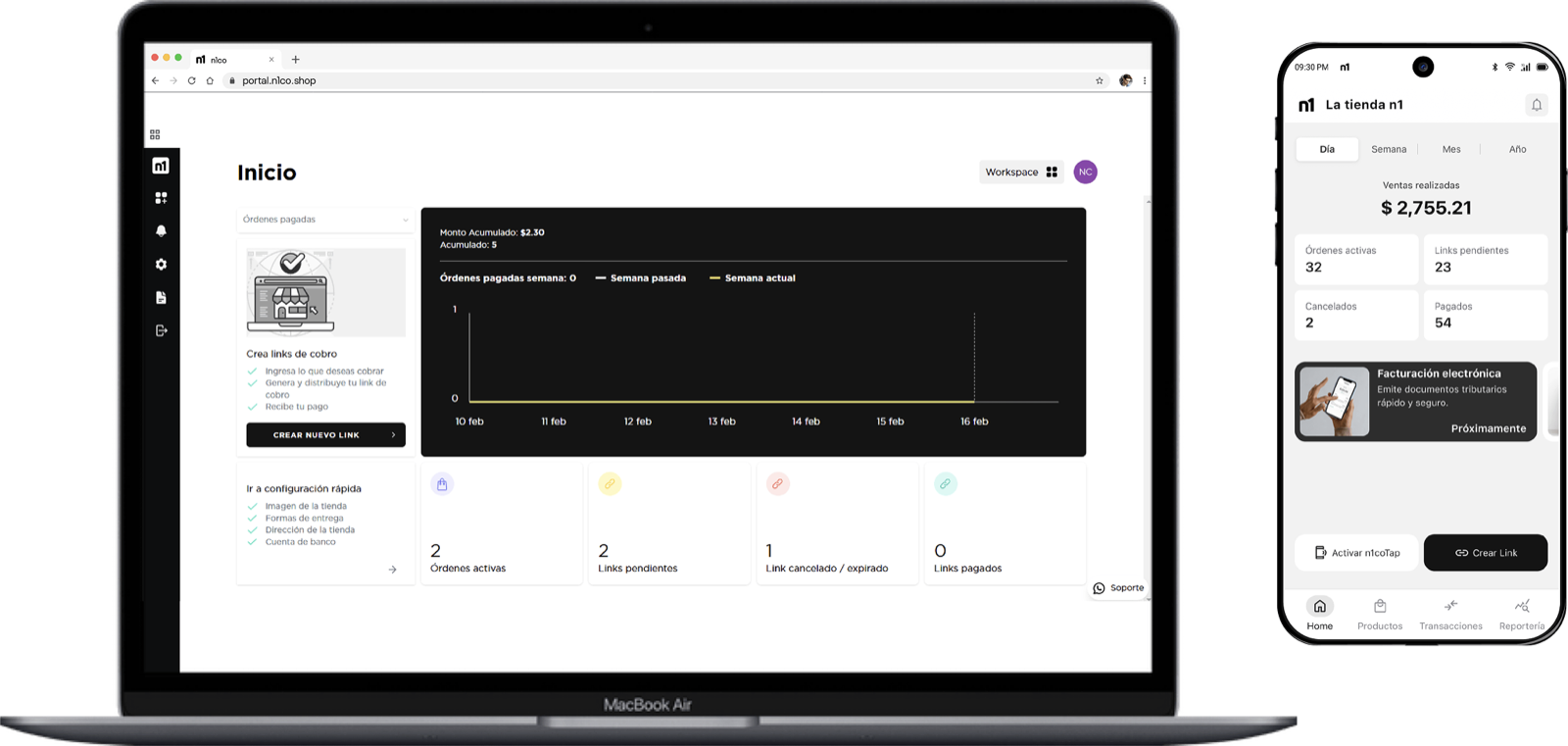 El portal de n1coBusiness en una laptop y la app n1co Business en un teléfono