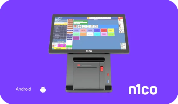 Punto de venta táctil n1co con Android y su impresora en la base, sobre fondo morado