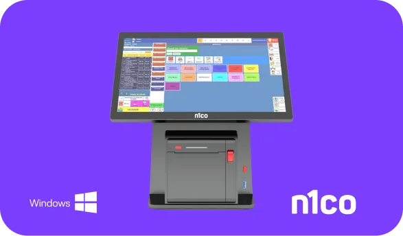 Punto de venta táctil n1co con Windows y su impresora en la base, sobre fondo morado