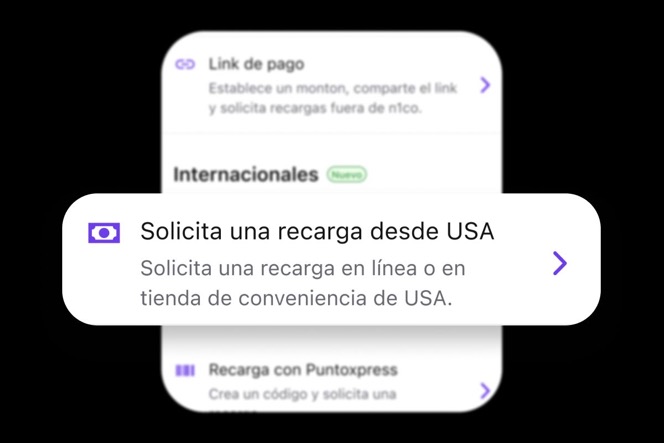 Menú de recargas de la app n1co con la opción Solicita una recarga desde USA