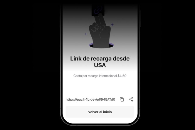Pantalla de la app n1co con el link de recarga desde USA listo para compartir