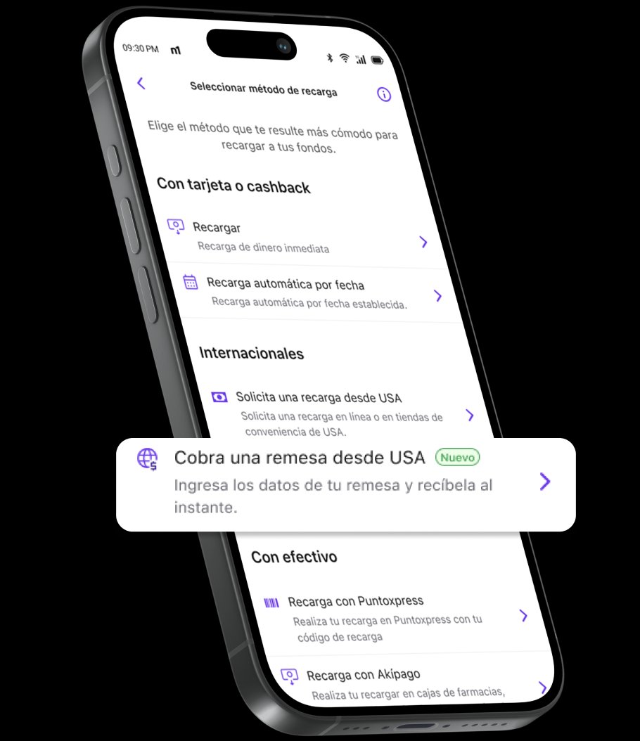 Teléfono con la app n1co abierta en «Cobra una remesa desde USA»