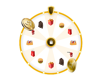 Ruleta dorada con premios de marcas: bolsas, ropa, comida y regalos, con monedas doradas
