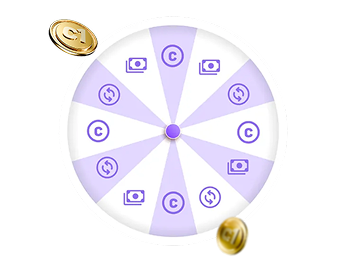 Ruleta morada con premios de co1ns, cashback y billetes, con monedas doradas