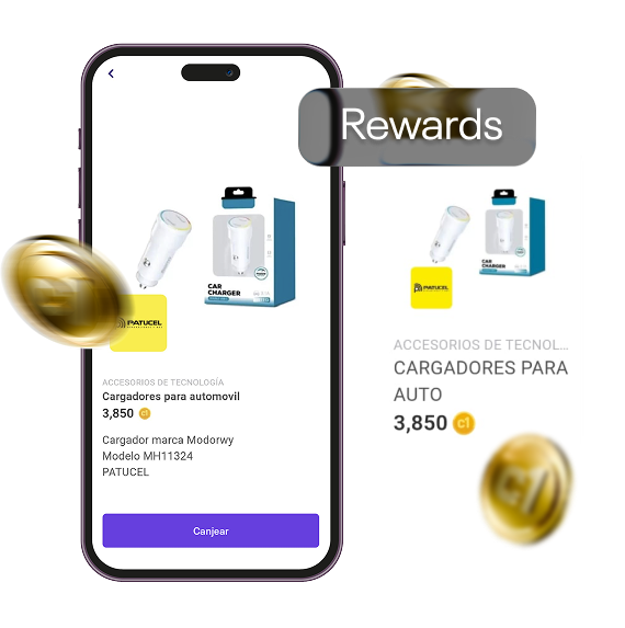 Teléfono con la app n1co abierta en n1coRewards: un cargador para auto por 3,850 co1ns, con monedas doradas alrededor