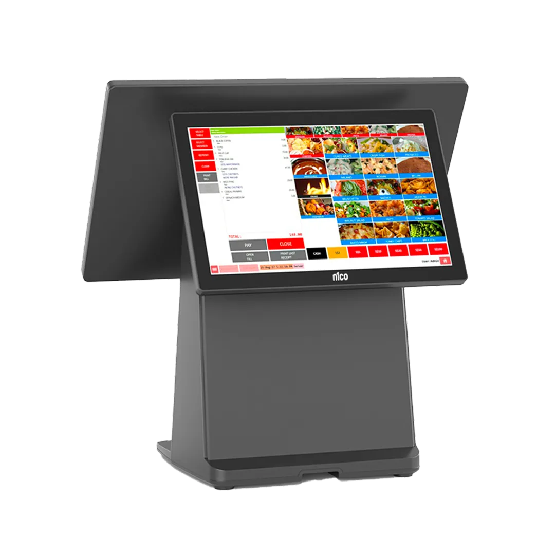 Terminal POS táctil todo en uno n1coBusiness F2A gestionando menú de restaurante