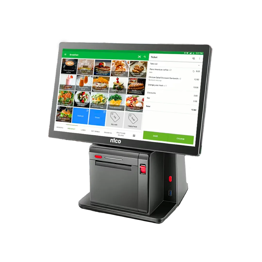 Punto de venta táctil Windows n1coBusiness F2 de doble pantalla con impresora